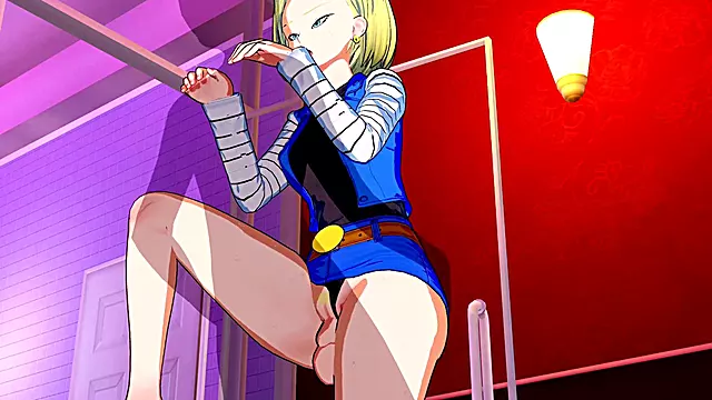 Android 18 from Dragon Ball Z gives a footjob and receives a standing creampie in 3D hentai