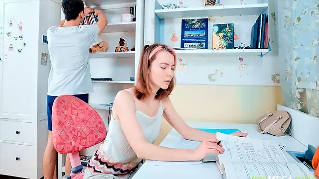 Sexy student rides dick on books