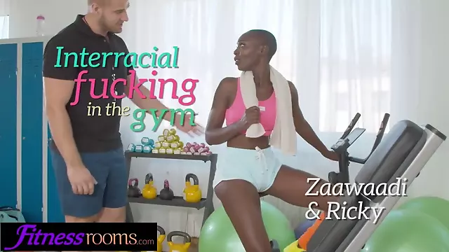 Big ass ebony babe Zaawaadi interracial orgasm in the gym