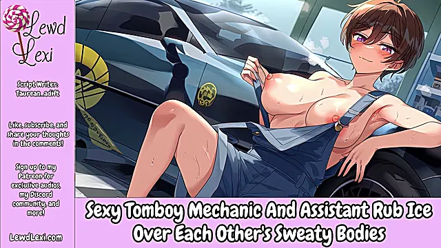 Tomboy mechanic and her assistant sensually cool each other off with ice - Erotic sounds for men