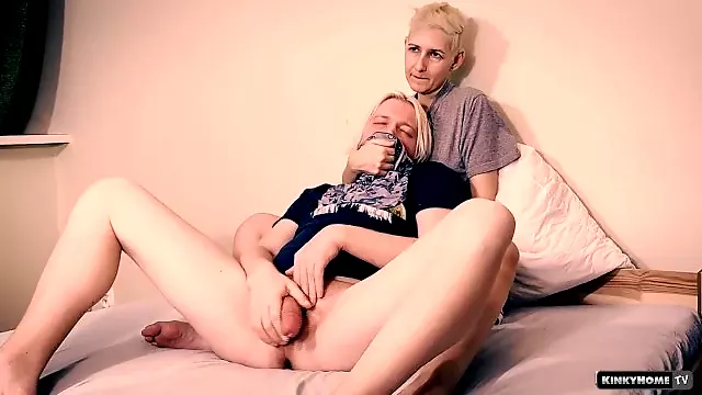 Shor hair blonde, guy and his panties - Amateur couple masturbate with huge cumshot