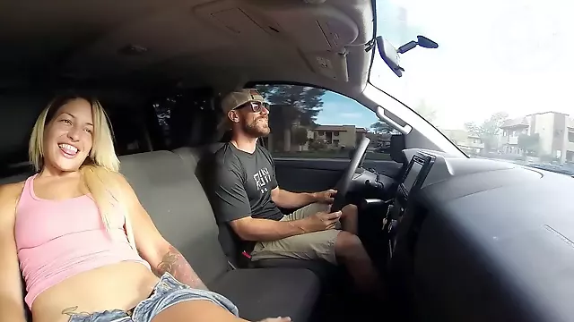 Car driving nude, couple in car, car head