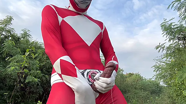 Powerful Ranger strokes his mighty shaft outdoors