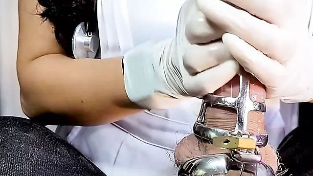 Nurse Edging Chastity Patient in Chastity Cage