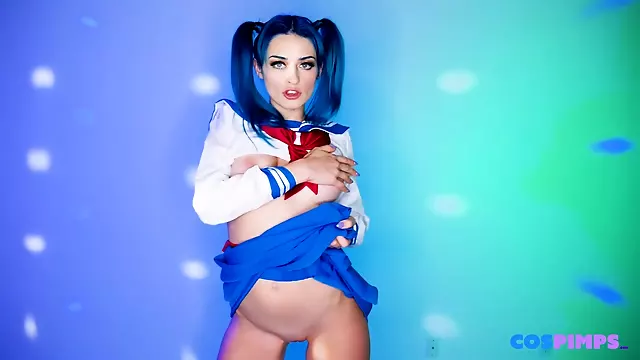 Pigtailed chick with blue hair, Sailor Blu sucks cock only to make it hard enough for her pussy