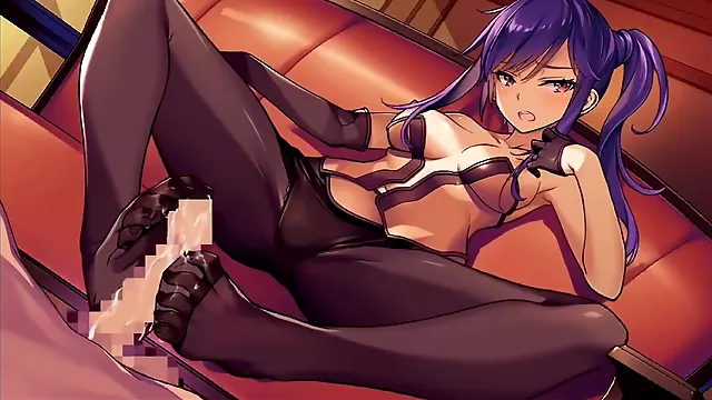 Purple-haired Anime Hottie In Pantyhose Giving A Hot Footjob