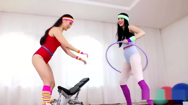 Lesbians Works Out Hula Hoops At Gym