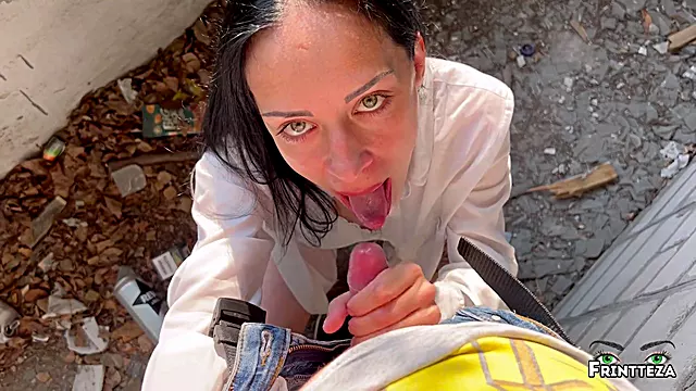 Eager MILF enjoys a hurried public blowjob during a photoshoot with cum in her mouth